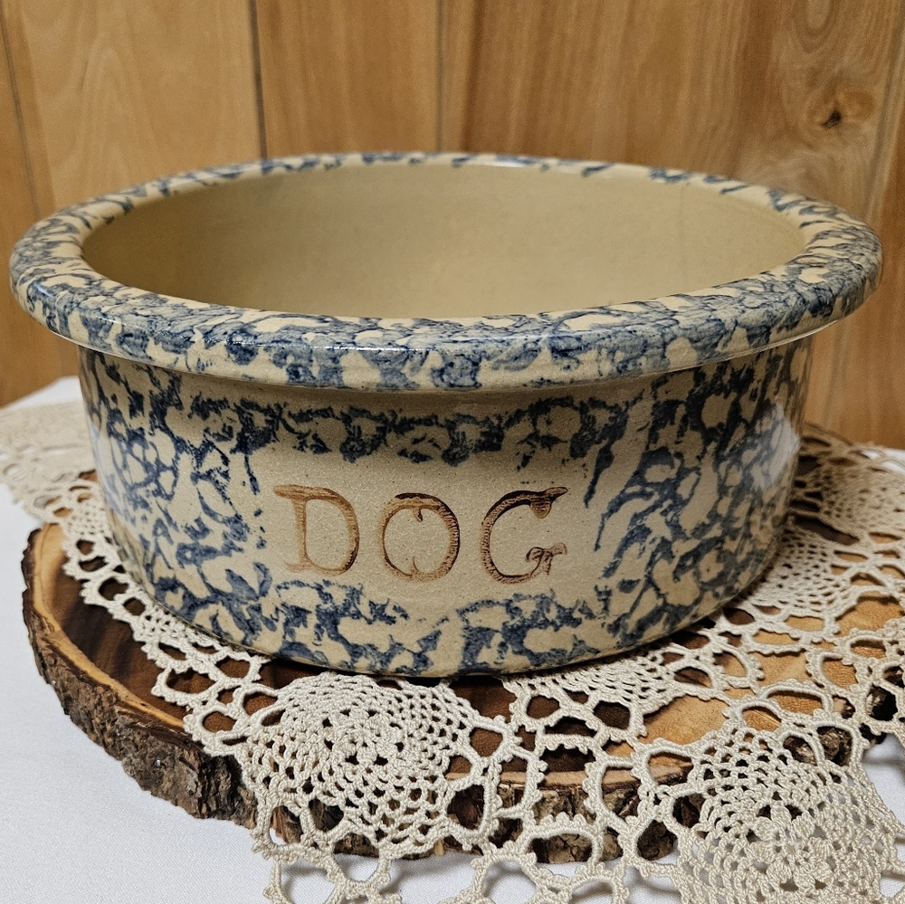Vtg Robinson Ransbottom "DOG" Bowl USA Feeder 9" Pottery Spongeware *READ DSC*
